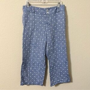 St. Tropez West Pants Blue White Polka Dot Chambray Denim Capris Front Pockets